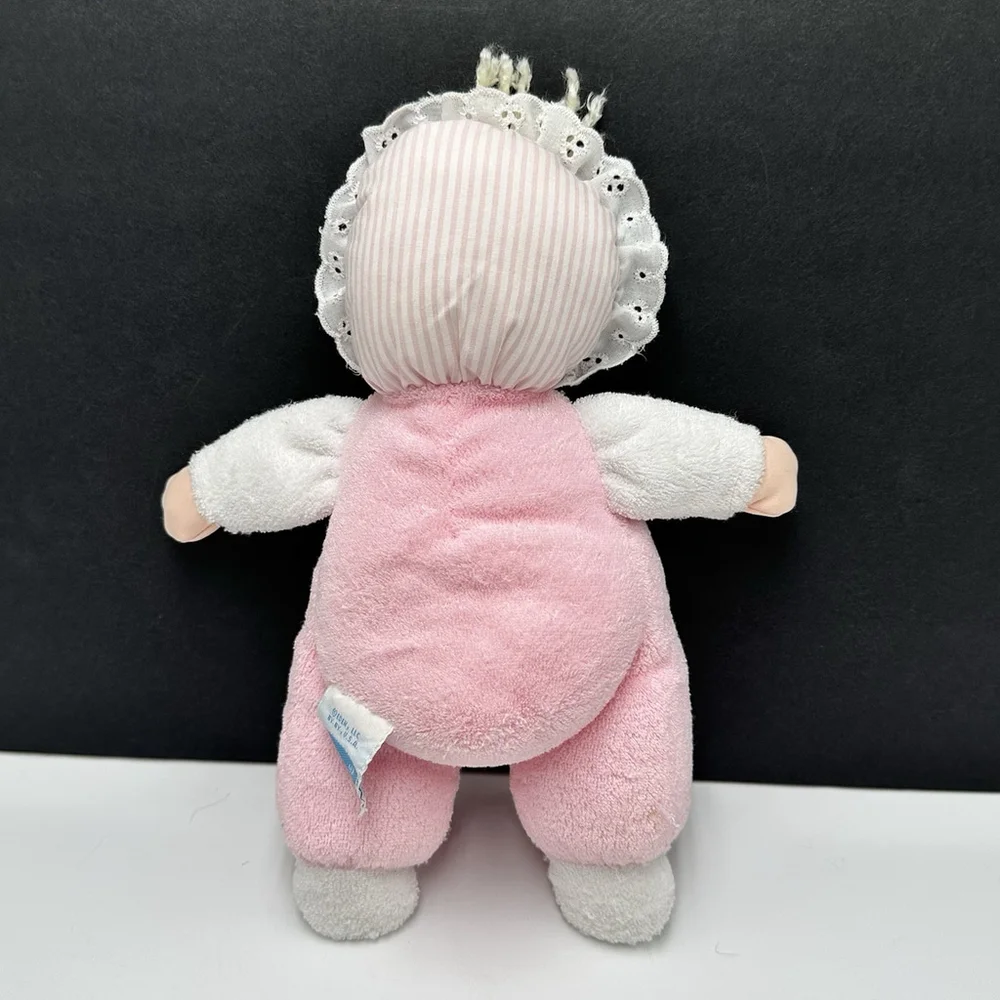Vintage Eden Pink White Doll Terry Cloth Blue Eyes Bonnet Lace Soft Plush 10”Toy - Picture 5 of 11